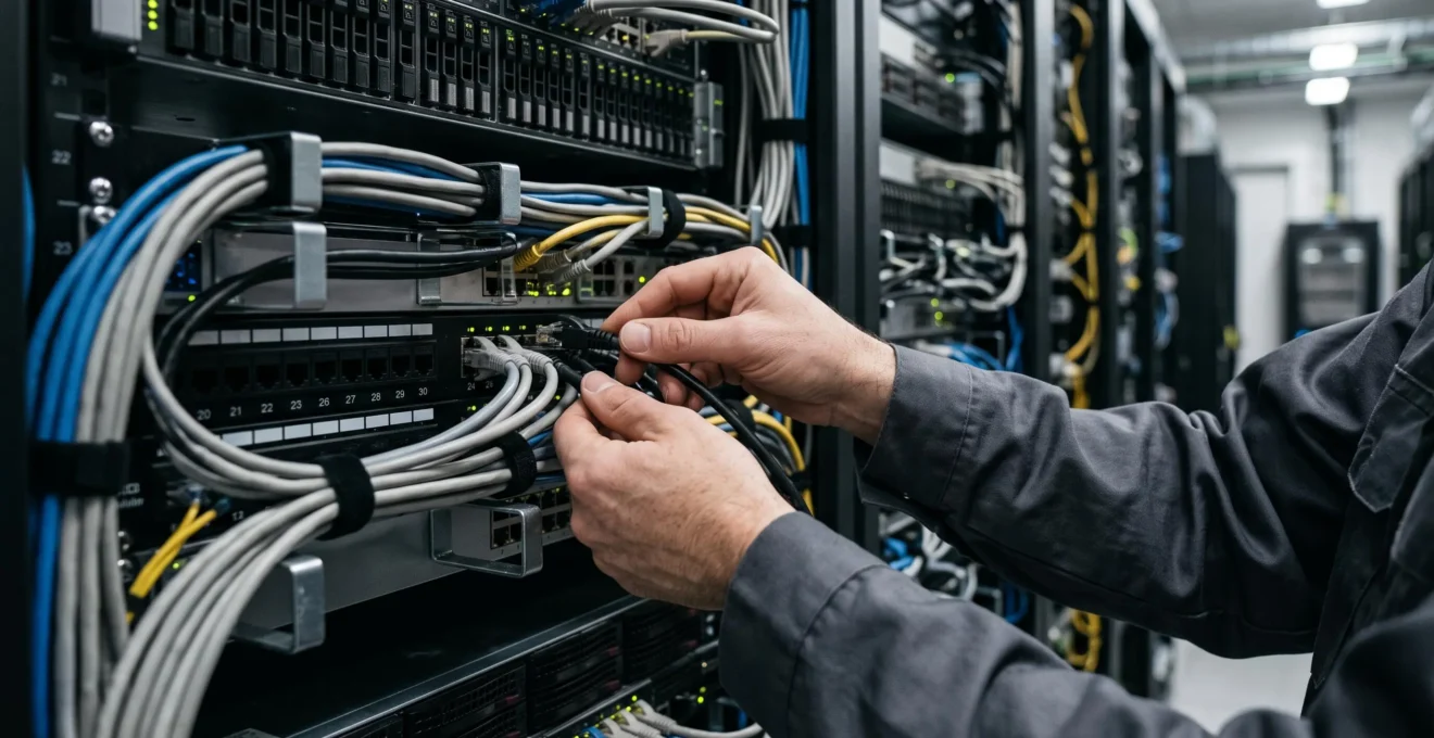 Gros plan sur les mains d'un technicien vérifiant les connexions réseau à l'arrière d'un rack serveur