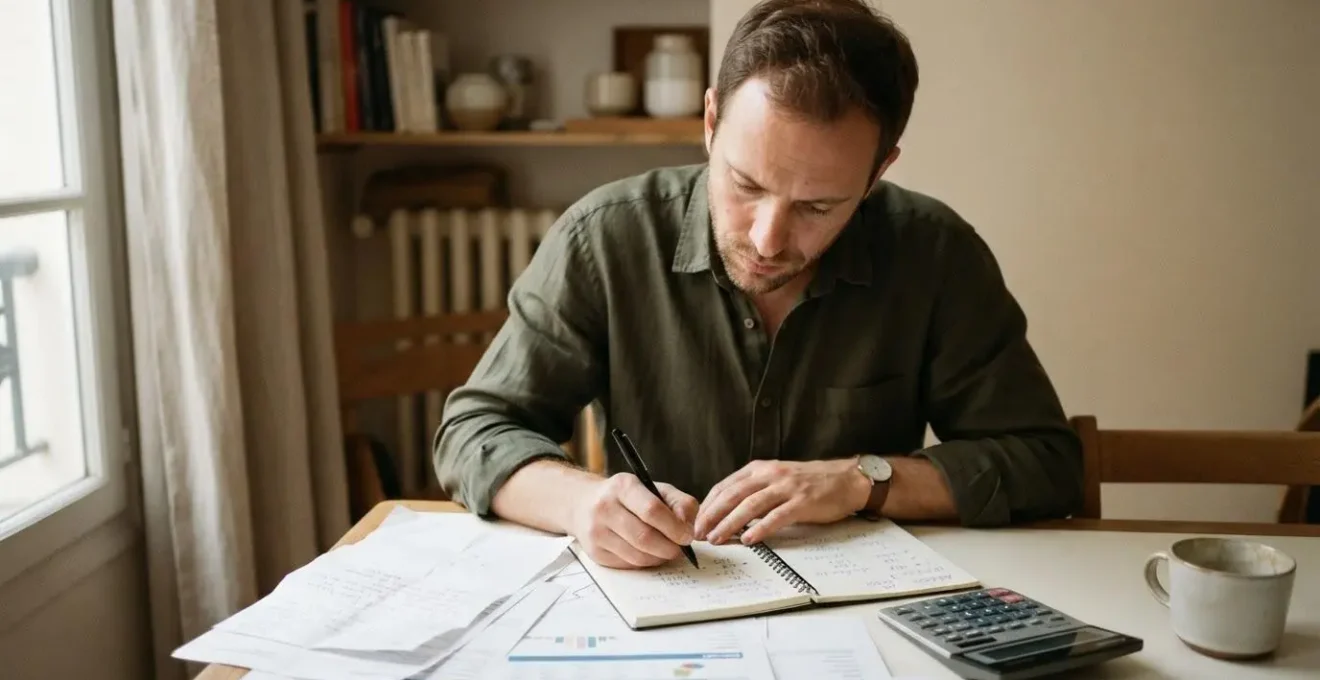 Homme analysant des documents financiers et effectuant des calculs à sa table à manger