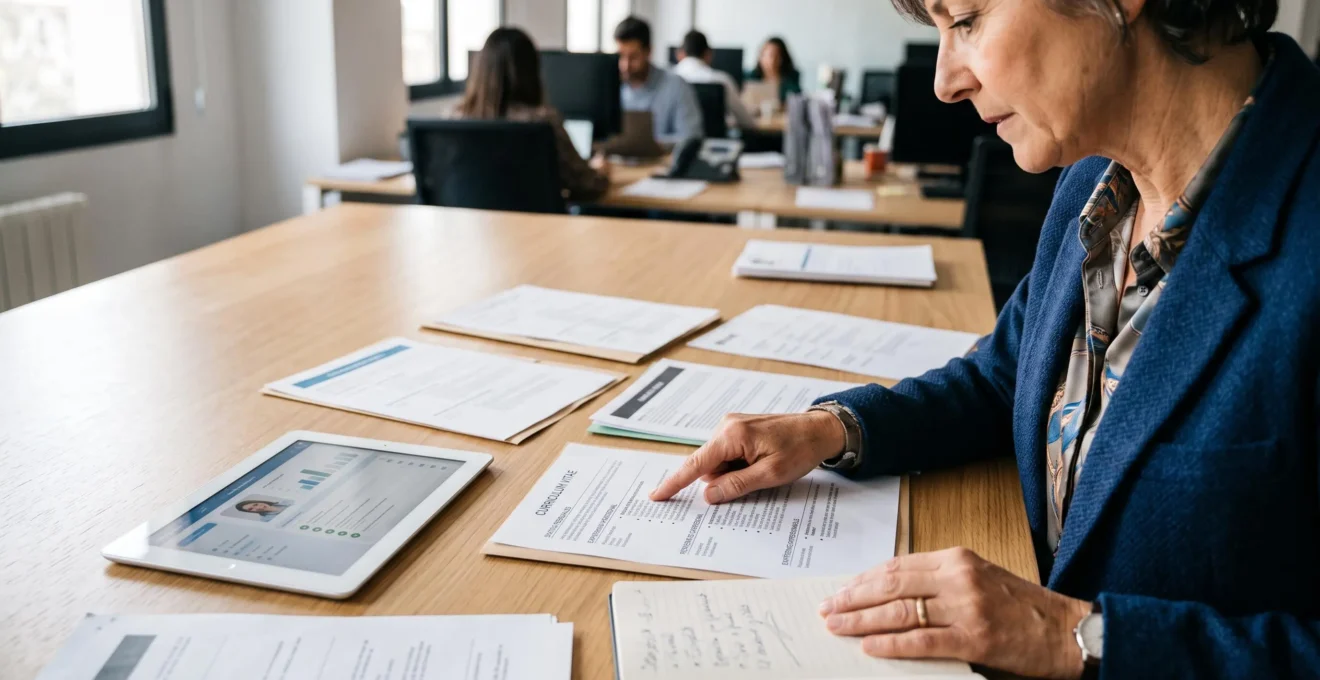 Consultante en recrutement analysant des profils de candidats bilingues avec des documents français et espagnols sur une table de travail