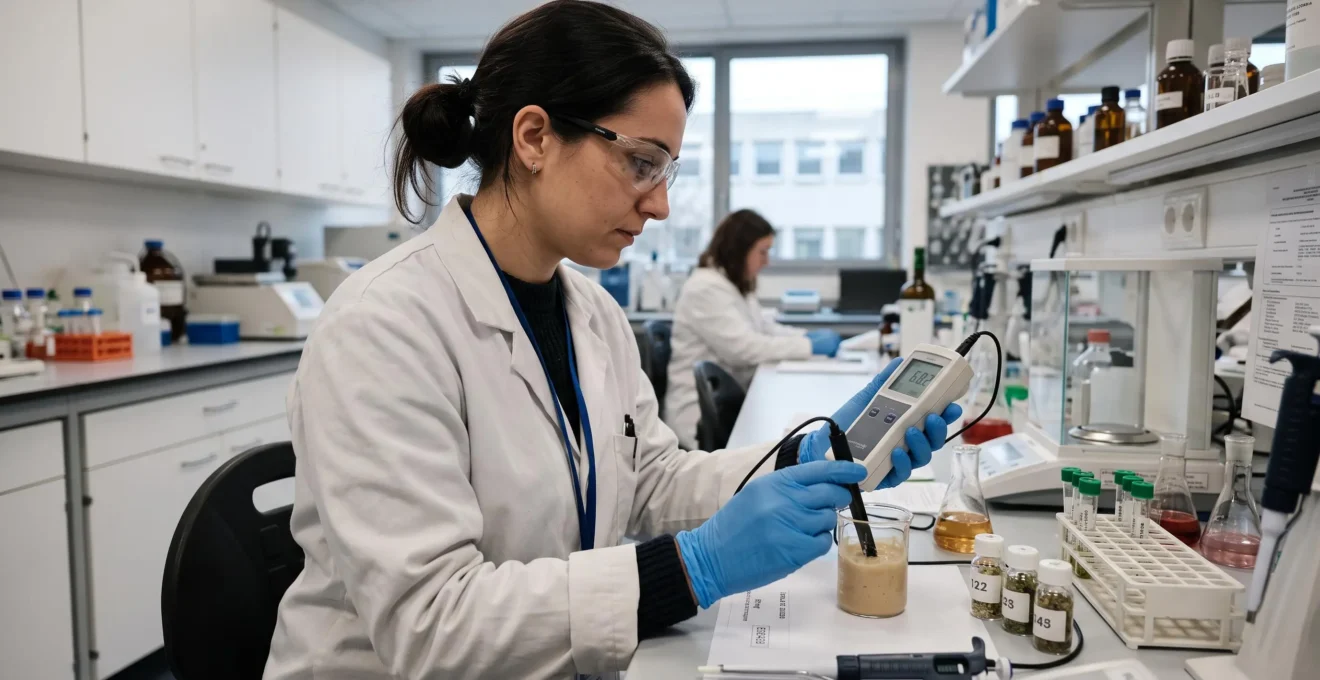 Technicien de laboratoire effectuant une mesure technique sur un échantillon d'ingrédient cosmétique naturel avec un appareil de mesure digital
