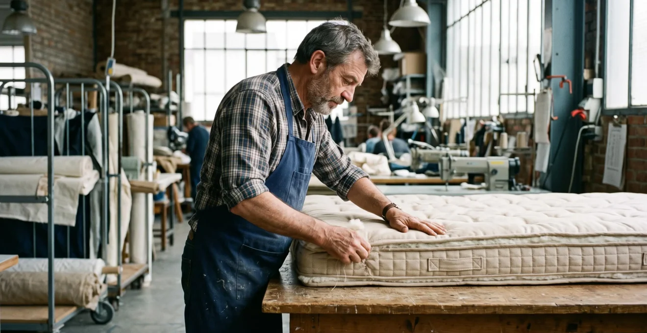 Un artisan contrôlant la couture et les couches d'un matelas haut de gamme dans un atelier de fabrication.