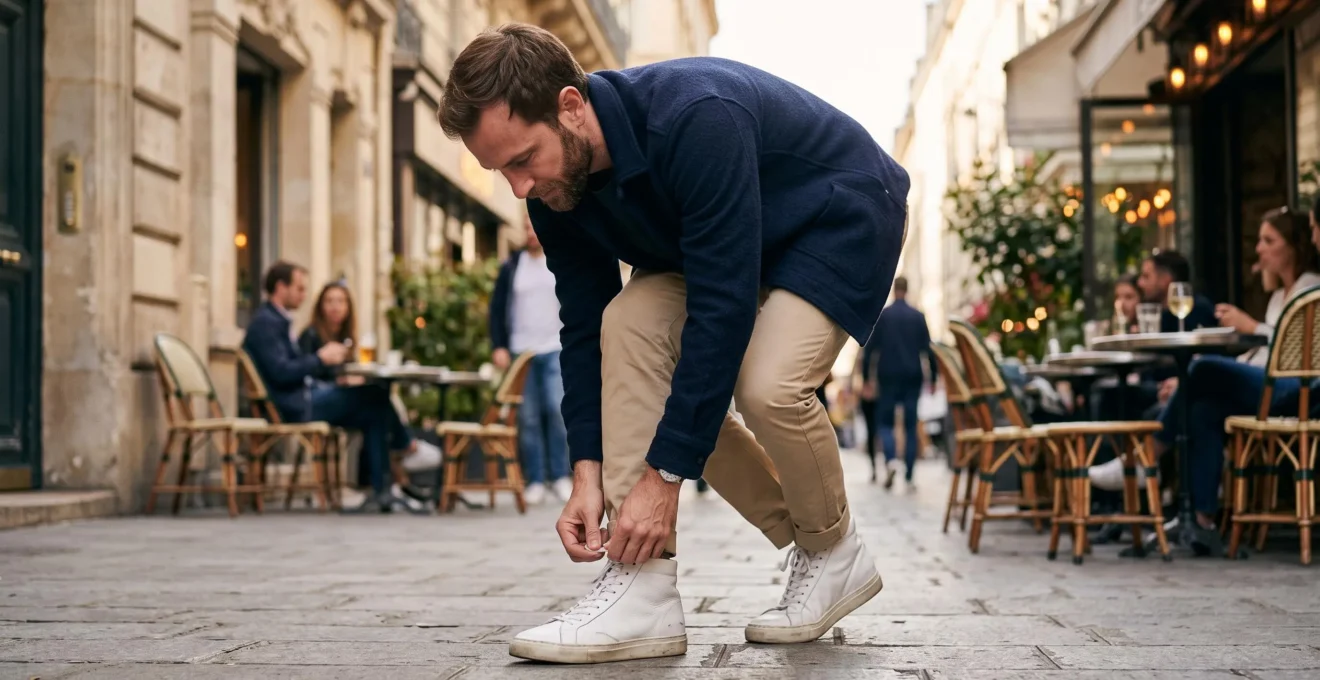 Un homme attache les lacets de ses baskets montantes en cuir blanc sur un trottoir parisien
