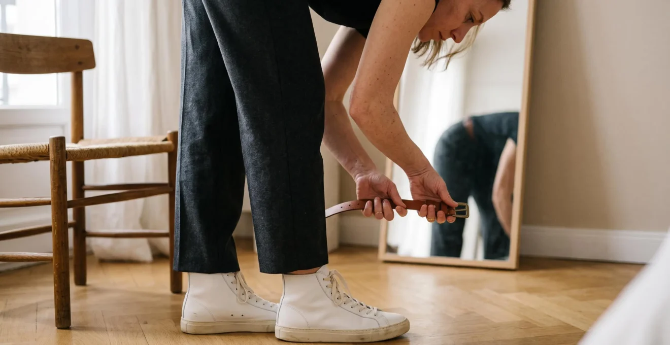 Une femme ajuste une ceinture en cuir avec un pantalon habillé et des baskets montantes blanches devant un miroir