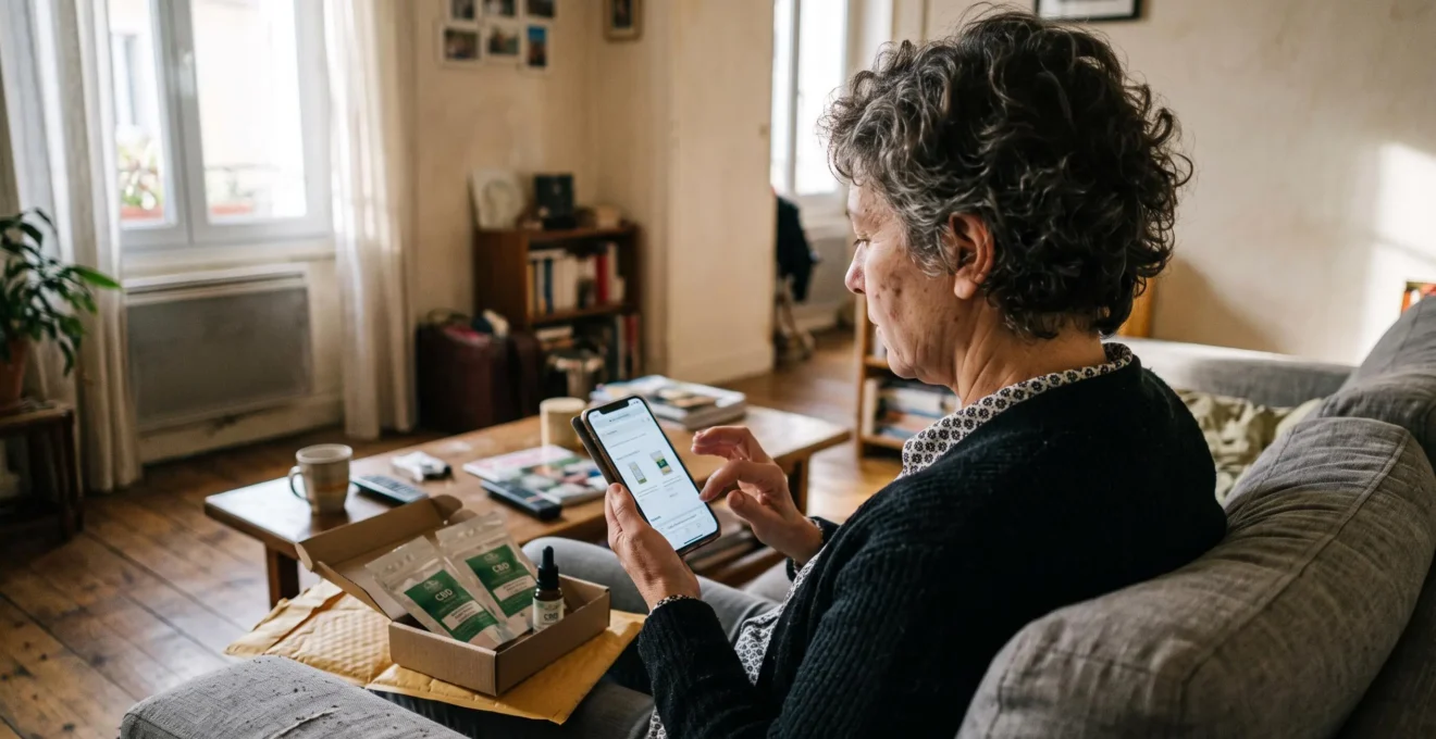 Une cliente assise dans son salon consulte son smartphone à côté d'un colis de CBD qu'elle vient de recevoir.