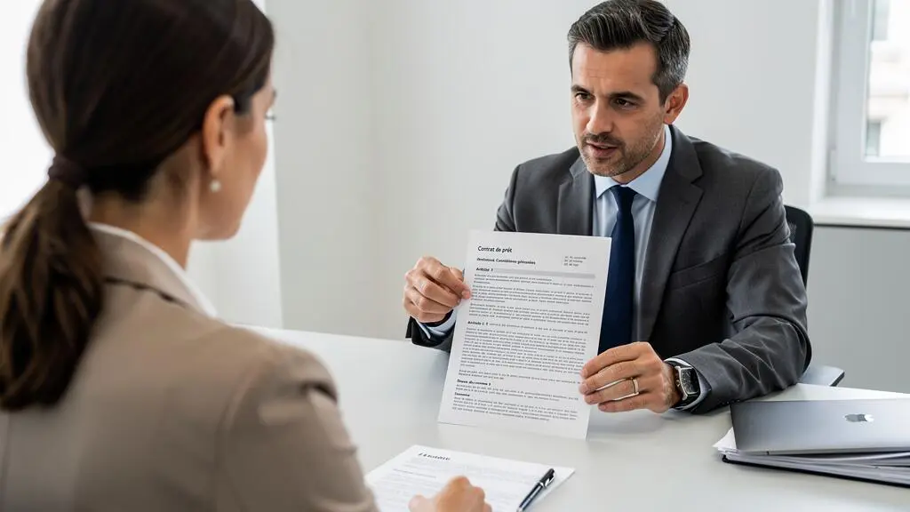 Conseiller bancaire expliquant une clause de protection à une cliente lors d'un rendez-vous