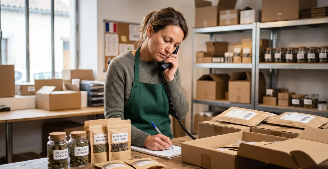 Une conseillère client au téléphone prend des notes dans un atelier de préparation de commandes de produits CBD, entourée de bocaux et de colis.