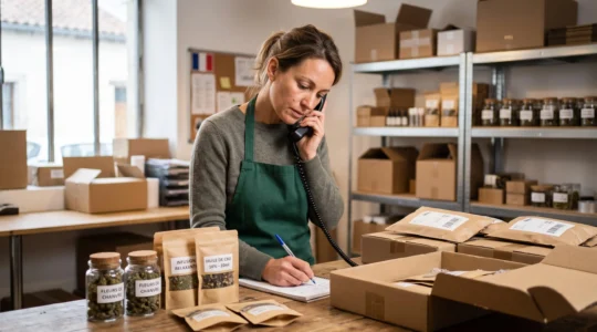Une conseillère client au téléphone prend des notes dans un atelier de préparation de commandes de produits CBD, entourée de bocaux et de colis.