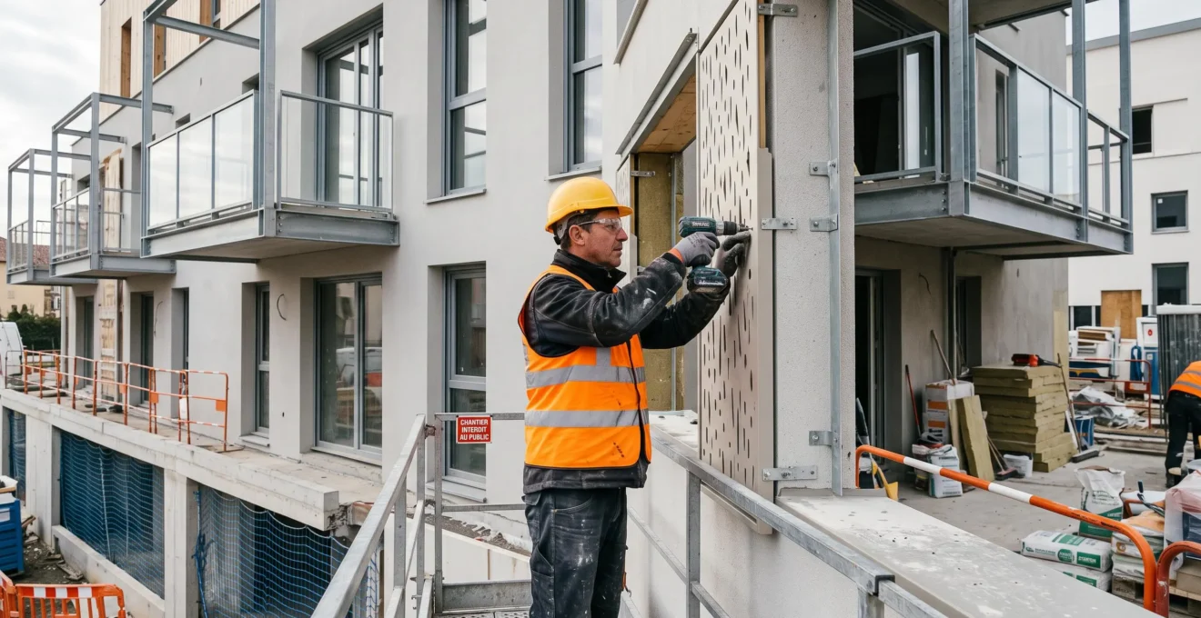 Ouvrier en équipement de sécurité travaillant sur la finition extérieure d'un immeuble résidentiel neuf en construction