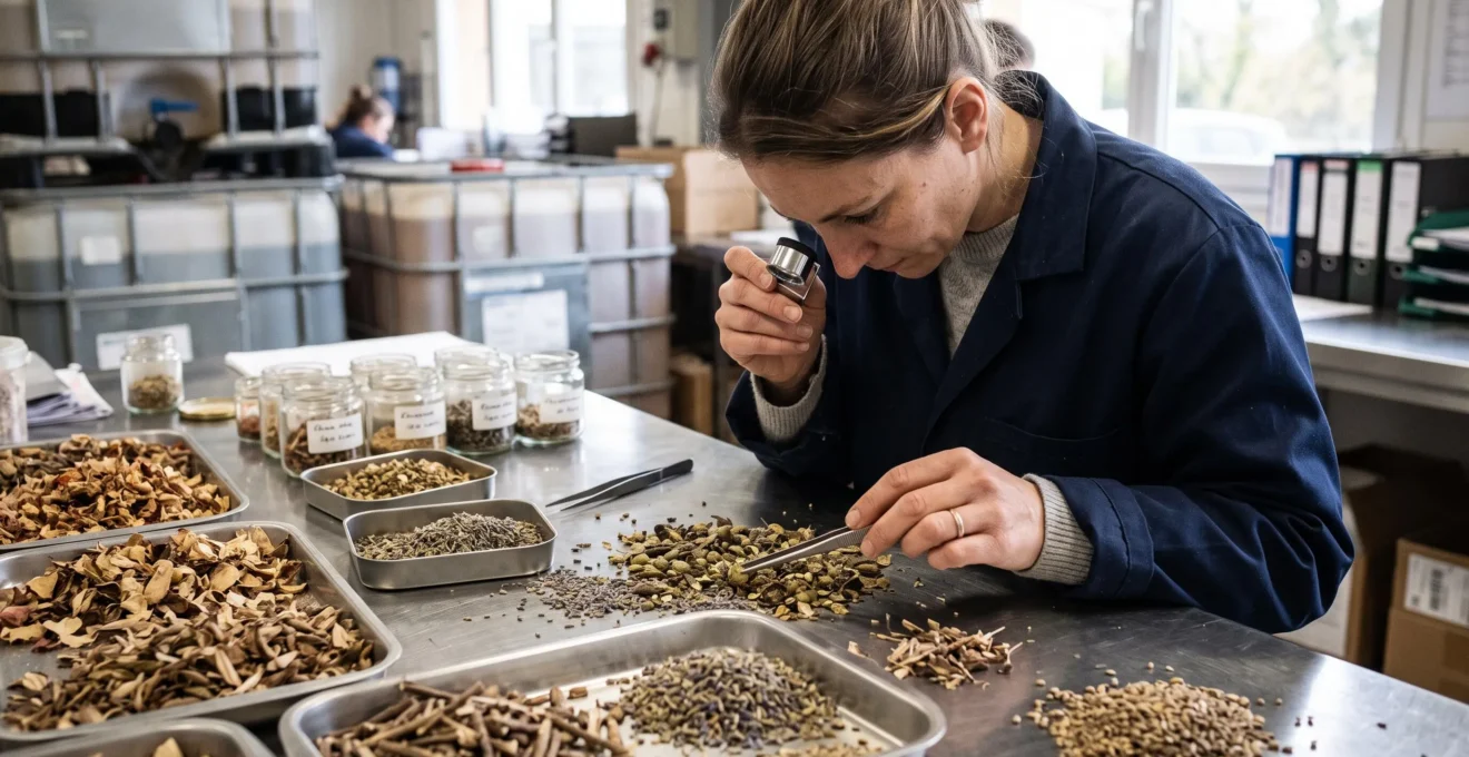 Technicien qualité inspectant des matières premières botaniques brutes sur une table de contrôle avec une loupe