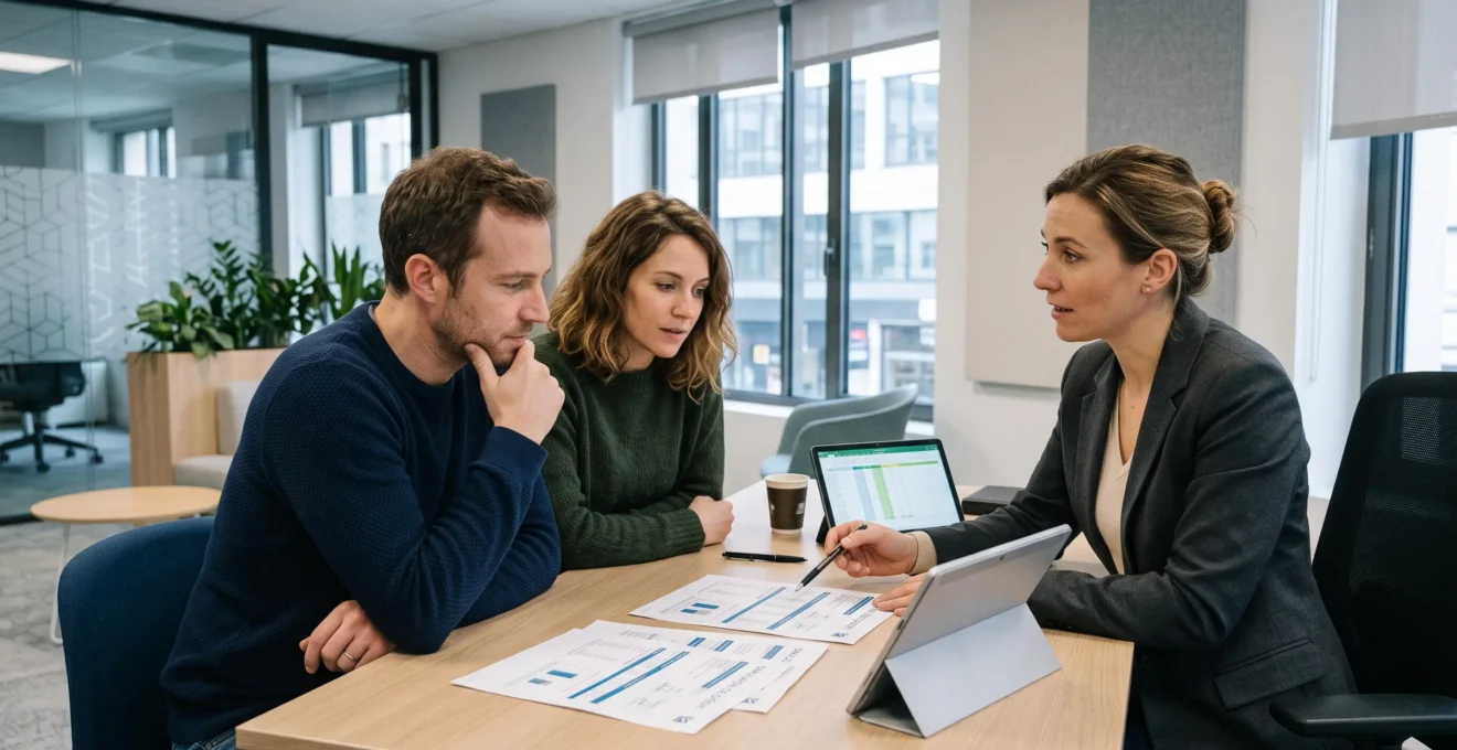 Couple en rendez-vous avec une conseillère bancaire discutant de simulations de prêt immobilier