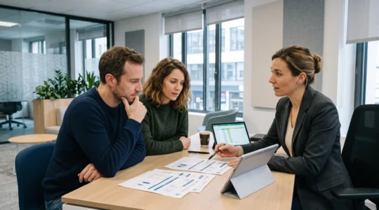 Couple en rendez-vous avec une conseillère bancaire discutant de simulations de prêt immobilier