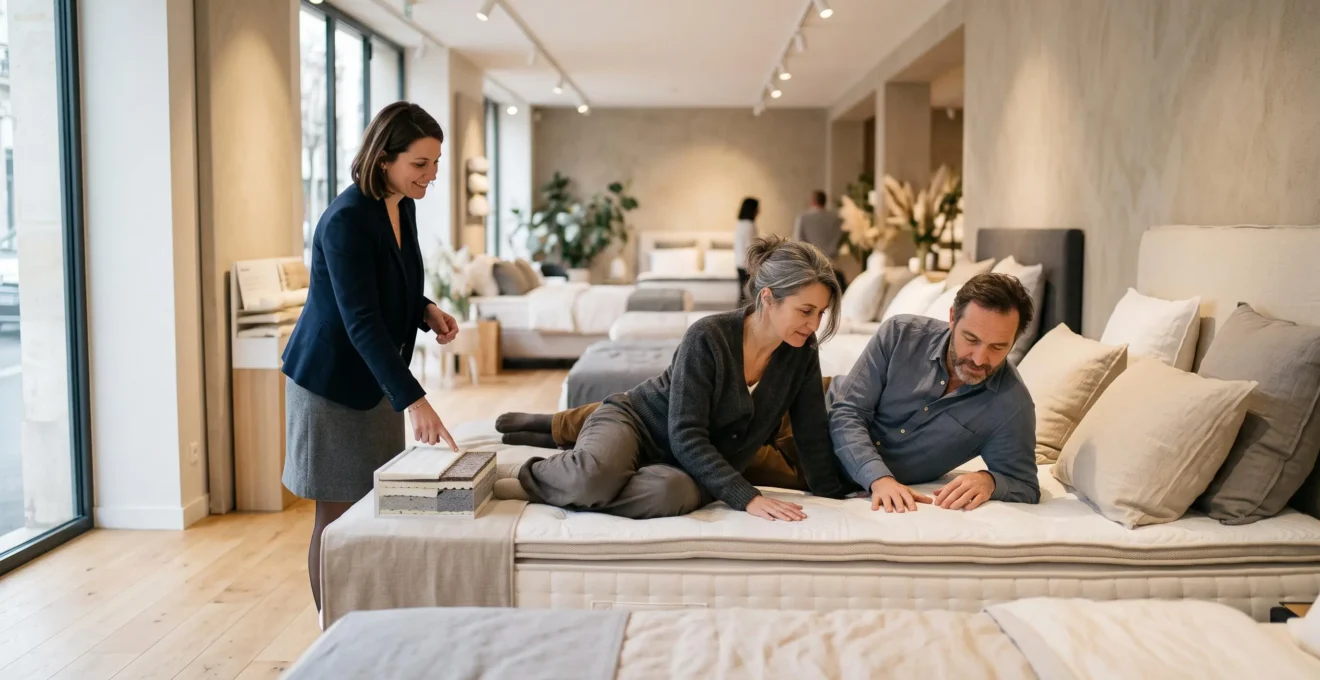 Un couple essayant un matelas haut de gamme dans un magasin de literie, accompagné d'un vendeur.