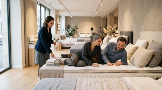 Un couple essayant un matelas haut de gamme dans un magasin de literie, accompagné d'un vendeur.