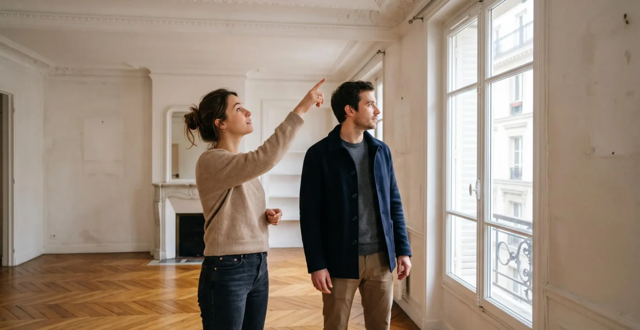 Jeune couple visitant un appartement vide et examinant les caractéristiques de l'espace lors d'une recherche immobilière