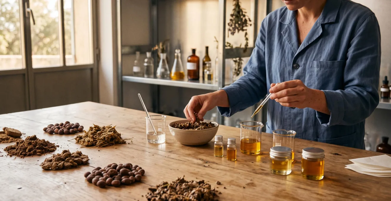 Co-produits d'olive bruts et ingrédients cosmétiques raffinés issus de leur valorisation disposés sur une surface en bois naturel