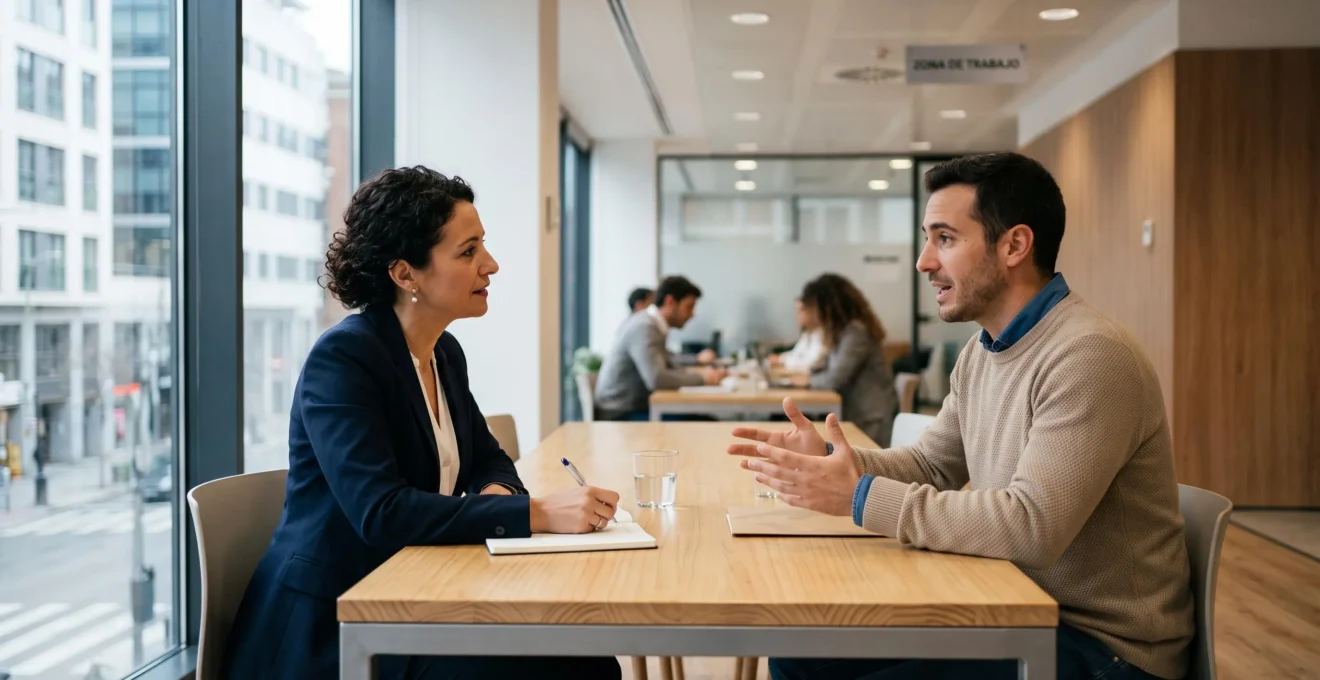 Consultant de cabinet de recrutement menant un entretien professionnel avec un candidat bilingue dans un bureau moderne en Espagne