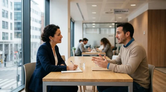 Consultant de cabinet de recrutement menant un entretien professionnel avec un candidat bilingue dans un bureau moderne en Espagne