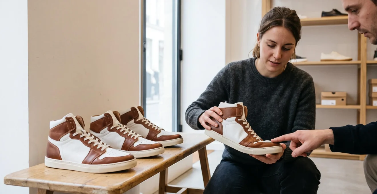 Une vendeuse montre la semelle d'une basket montante en cuir à une cliente dans une boutique de chaussures