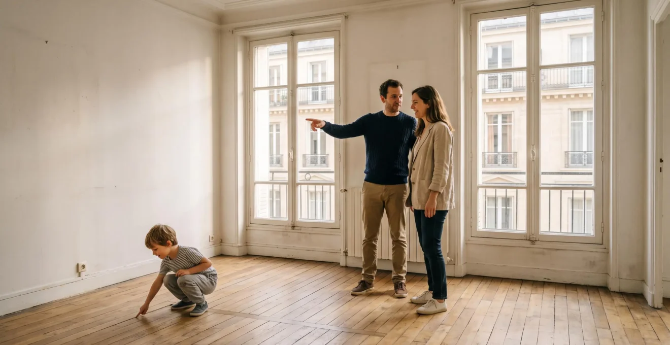 Famille visitant un appartement vide avec grandes fenêtres et parquet clair
