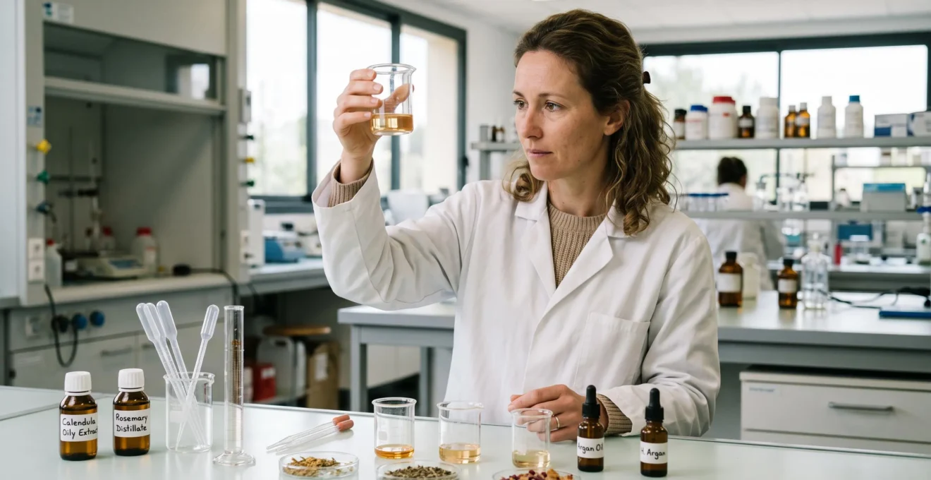 Formulateur cosmétique examinant des échantillons d'huiles et extraits botaniques naturels dans un laboratoire de R&D
