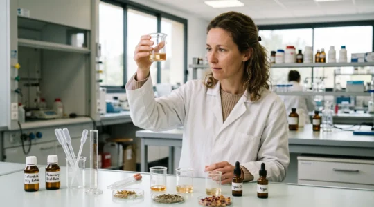 Formulateur cosmétique examinant des échantillons d'huiles et extraits botaniques naturels dans un laboratoire de R&D