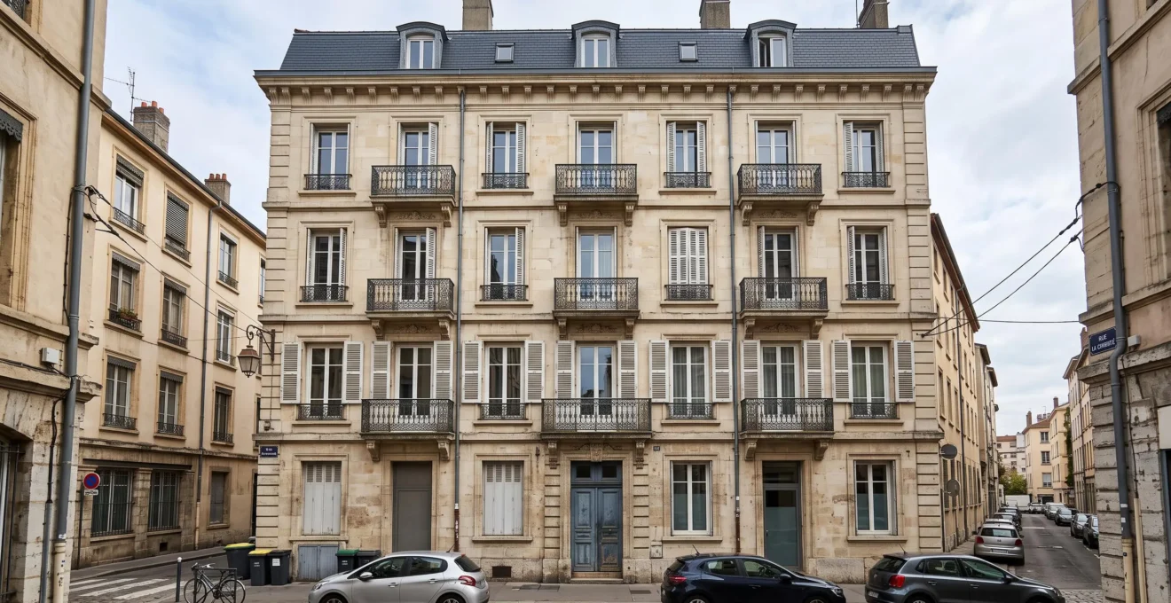 Façade d'immeuble résidentiel haussmannien en pierre de taille dans une rue urbaine française typique