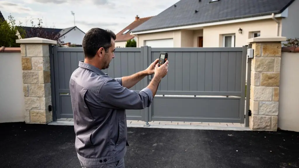 Installateur professionnel mesurant l'espace disponible devant un portail d'entrée de propriété avec un télémètre laser