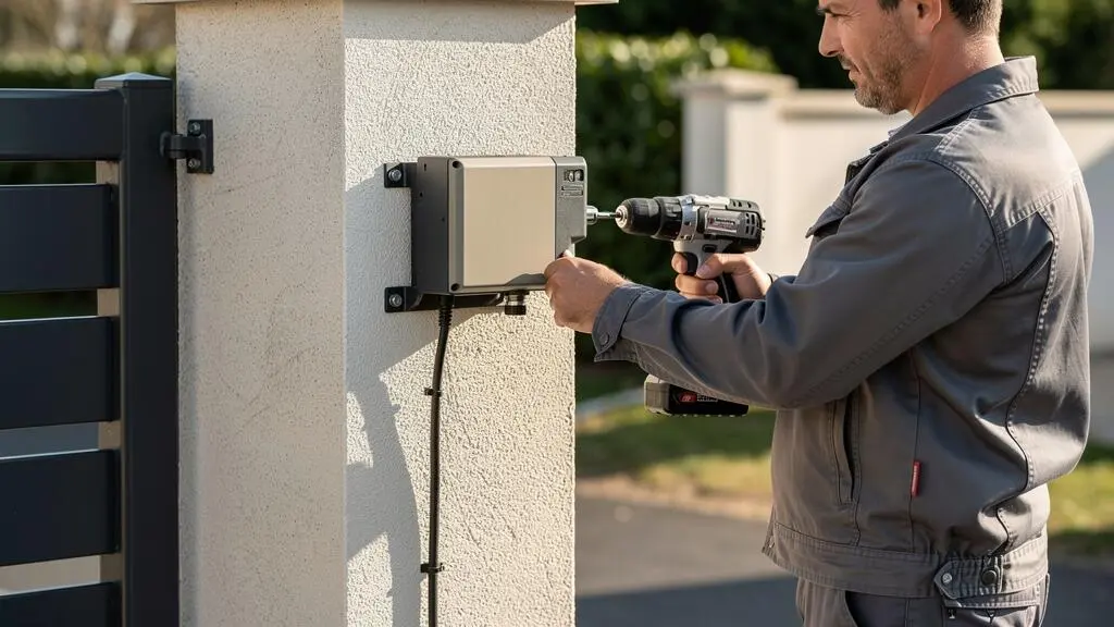 Technicien installant un boîtier de motorisation sur un pilier de portail avec une visseuse sans fil
