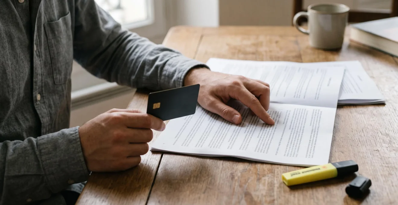 Une personne relit les conditions générales d'un contrat imprimé, une carte bancaire premium posée à côté sur une table en bois.