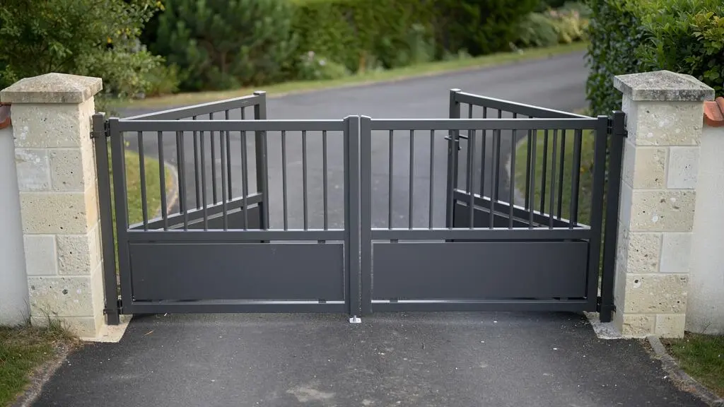Portail battant à deux vantaux en position ouverte montrant l'espace de débattement nécessaire devant l'entrée