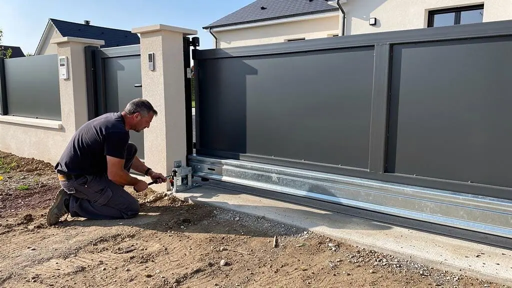 Installateur inspectant le rail au sol d'un portail coulissant en position semi-ouverte le long de la clôture