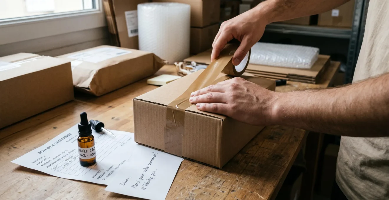 Des mains referment un petit colis en carton kraft sur une table de préparation, à côté d'un flacon d'huile CBD et d'un bon de commande.