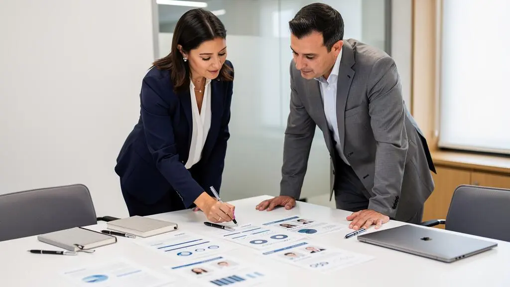 Consultante de cabinet de recrutement présentant une shortlist de candidats présélectionnés à un responsable RH client dans une salle de réunion
