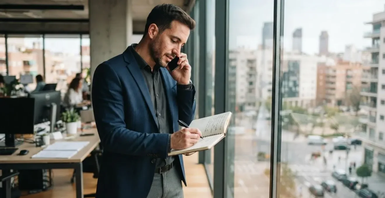 Recruteur debout près d'une fenêtre de bureau menant un entretien téléphonique tout en prenant des notes dans un contexte urbain espagnol