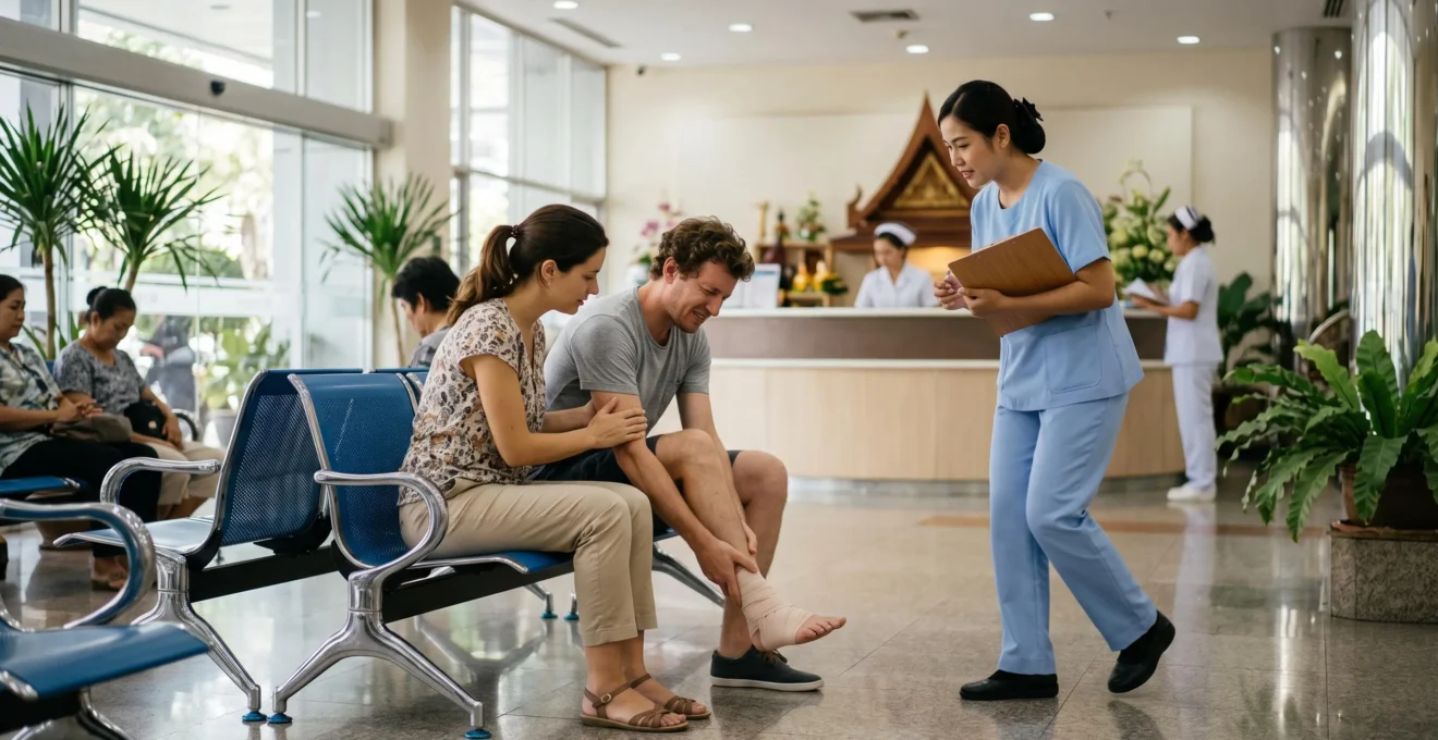 Un couple de touristes attend dans le hall d'un hôpital privé en Thaïlande, accompagné par une infirmière venue avec un dossier d'admission.