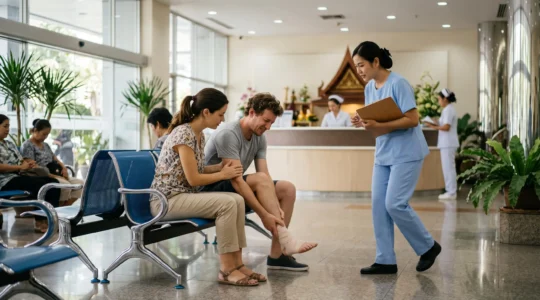 Un couple de touristes attend dans le hall d'un hôpital privé en Thaïlande, accompagné par une infirmière venue avec un dossier d'admission.