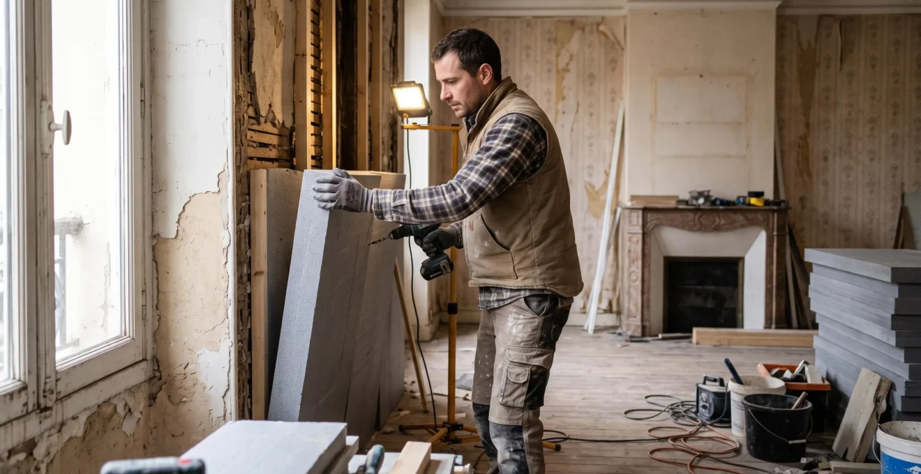 Ouvrier installant des panneaux d'isolation sur un mur intérieur lors de travaux de rénovation dans un appartement ancien français