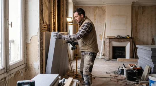 Ouvrier installant des panneaux d'isolation sur un mur intérieur lors de travaux de rénovation dans un appartement ancien français
