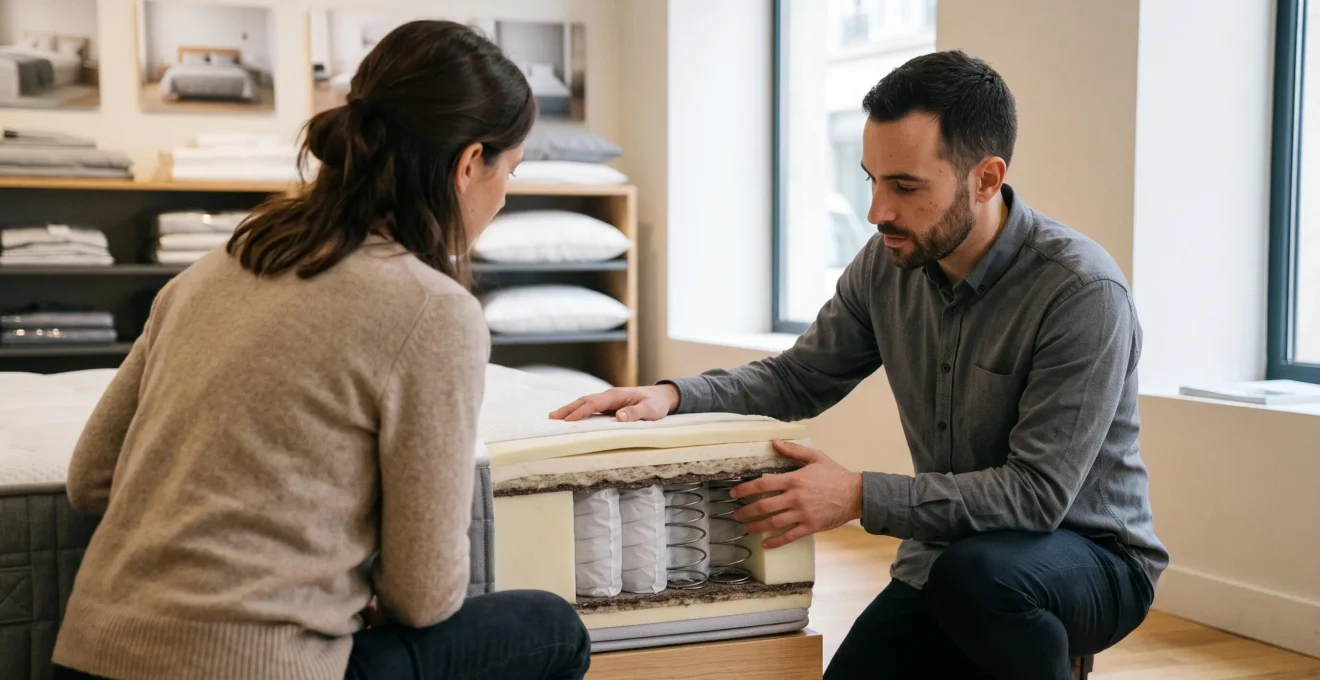 Un vendeur montrant les couches internes d'un matelas en coupe à un client dans un magasin de literie.