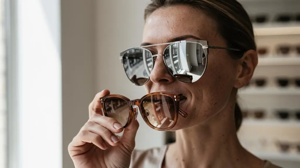 Une femme essaie deux montures de lunettes masque devant un miroir d'opticien.
