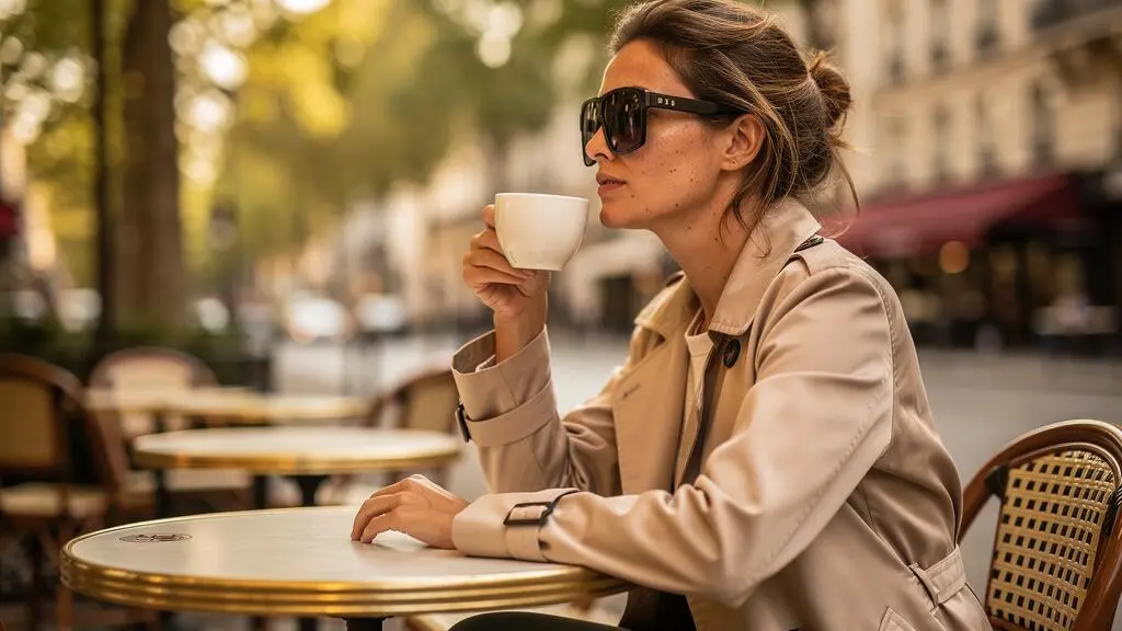 Une femme portant des lunettes masque boit un café à la terrasse d'un café.